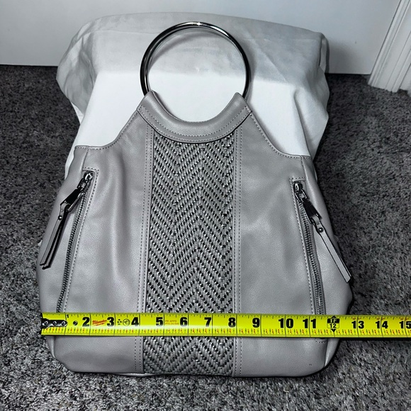 Gray Ring Handle Woven Panel Tote Handbag Faux Leather Modern Minimalist - Picture 10 of 13